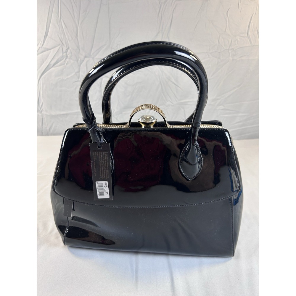 Patent Leather Top Handle Satchel Bag Black Gold Rhinestone Clasp Evening Purse